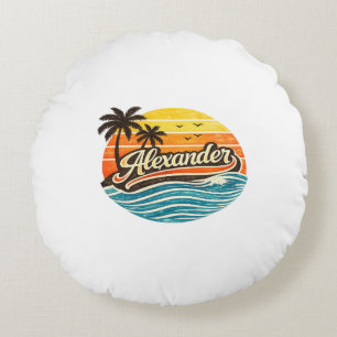 Alexander Retro Sunset Name Design Round Pillow