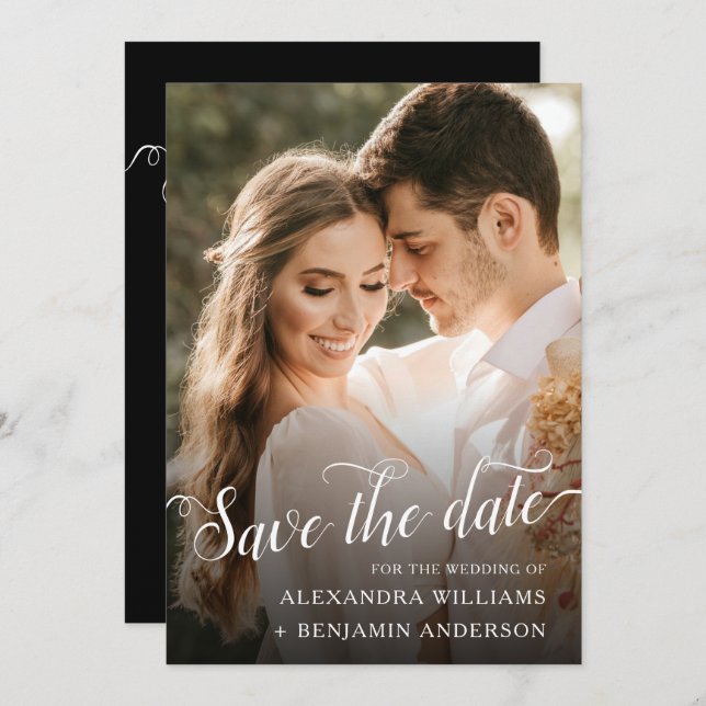 Alexandra Elegant Black White Script Photo Save The Date (Front/Back)