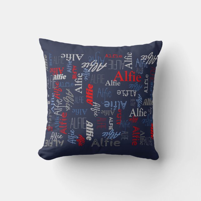 Alfie bleu rouge texte personnalisé nom coussin (Recto)