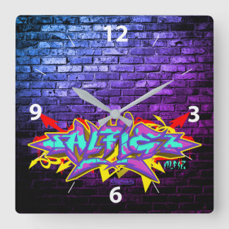 Alfie in graffiti lettering square wall clock