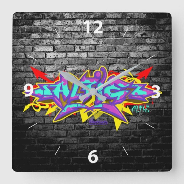 Alfie in graffiti lettering with gray bricks square wall clock (Front)