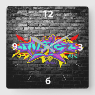 Alfie in graffiti lettering with grey bricks square wall clock