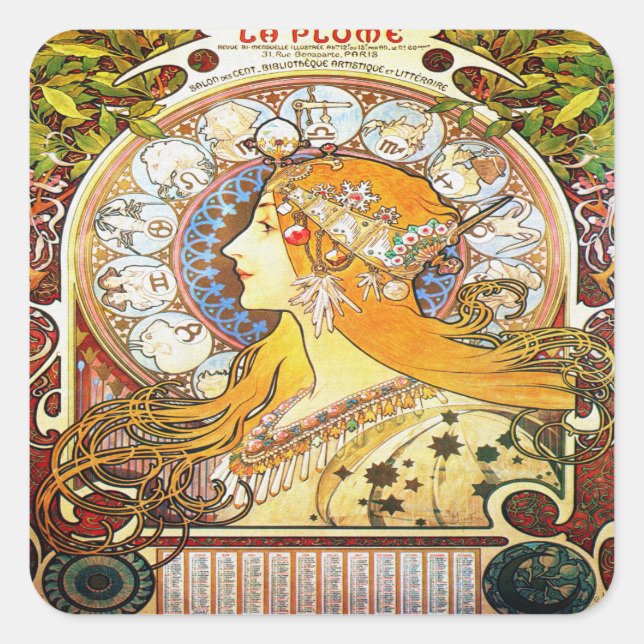 Alfons Mucha 1896 Zodiac Square Sticker (Front)