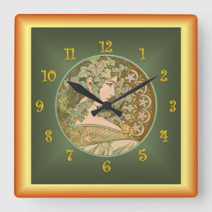 Alfons Mucha ~ Le Lierre 01 ~ Ivy ~ Art Nouveau Square Wall Clock