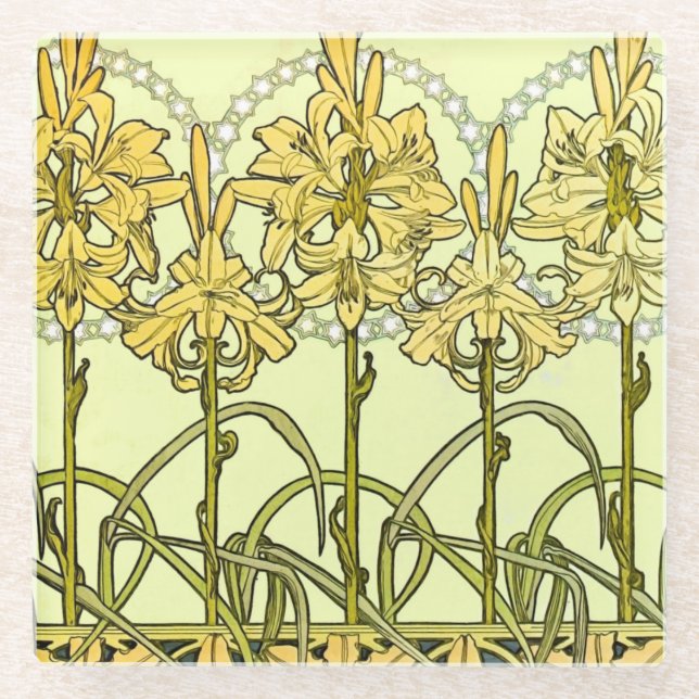 Alfonse Mucha Art Nouveau Lily Floral Pattern Glass Coaster (Front)