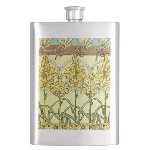 Alfonse Mucha Art Nouveau Lily Floral Pattern Hip Flask