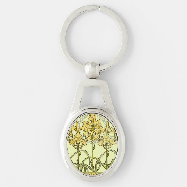 Alfonse Mucha Art Nouveau Lily Floral Pattern Keychain (Front)