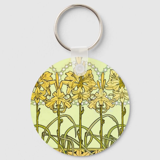 Alfonse Mucha Art Nouveau Lily Floral Pattern Keychain (Front)