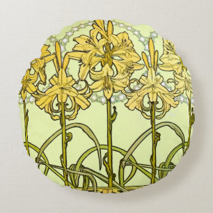 Alfonse Mucha Art Nouveau Lily Floral Pattern Round Pillow