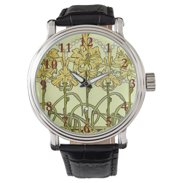 Alfonse Mucha Art Nouveau Lily Floral Pattern Watch (Front)