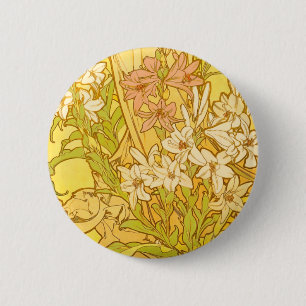 Alfonse Mucha Art Nouveau lily flowers 2 Inch Round Button