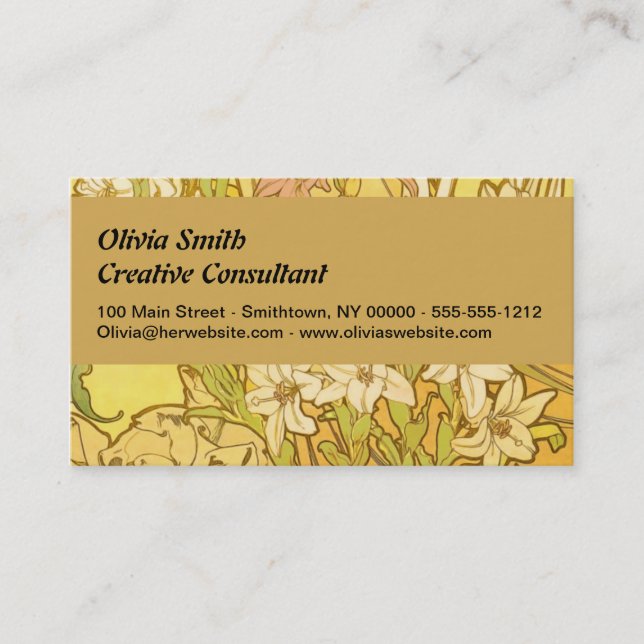 Alfonse Mucha Art Nouveau lily flowers Business Card (Front)