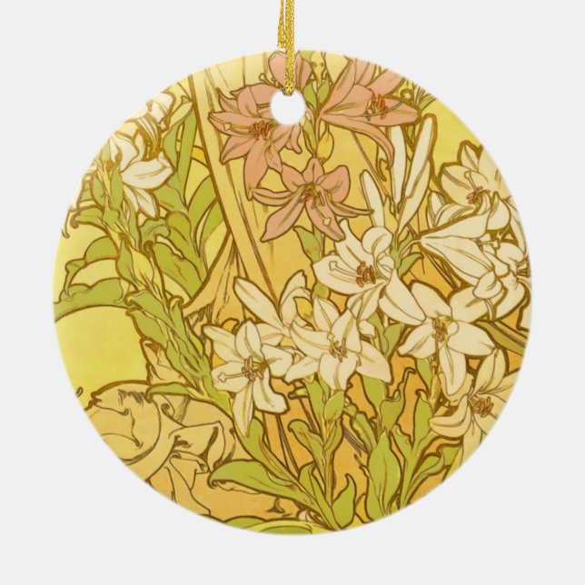 Alfonse Mucha Art Nouveau lily flowers Ceramic Ornament (Back)