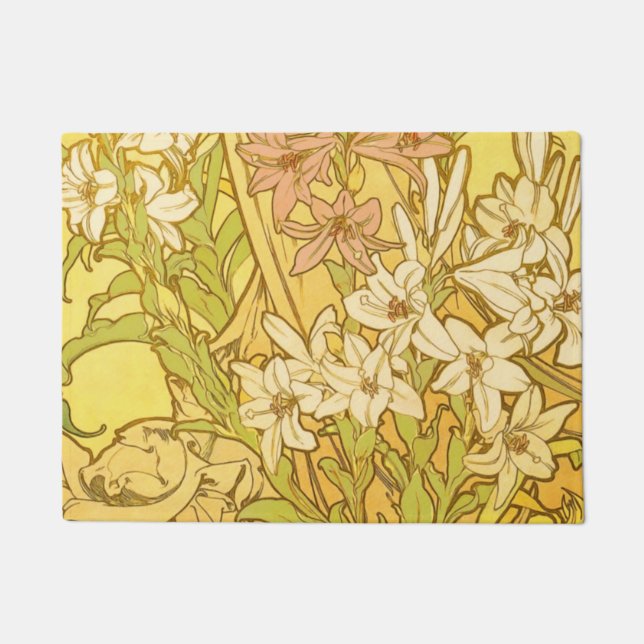 Alfonse Mucha Art Nouveau lily flowers Doormat (Front)