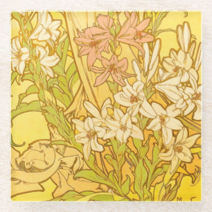 Alfonse Mucha Art Nouveau lily flowers Glass Coaster