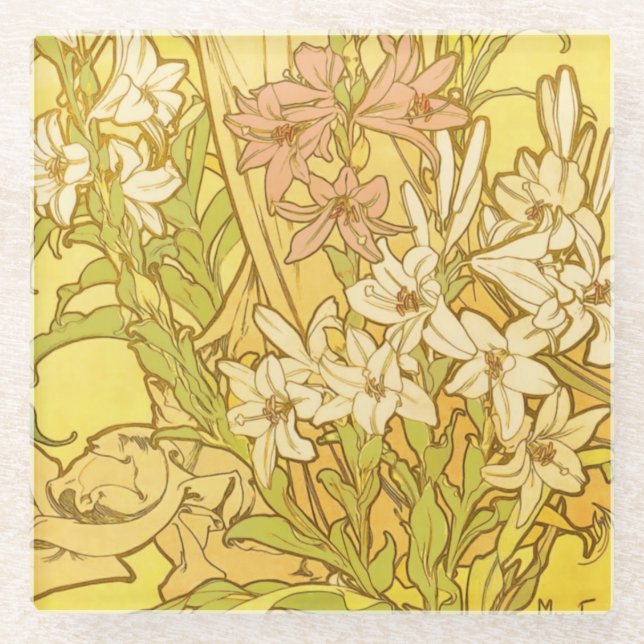 Alfonse Mucha Art Nouveau lily flowers Glass Coaster (Front)