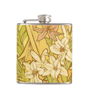 Alfonse Mucha Art Nouveau lily flowers Hip Flask