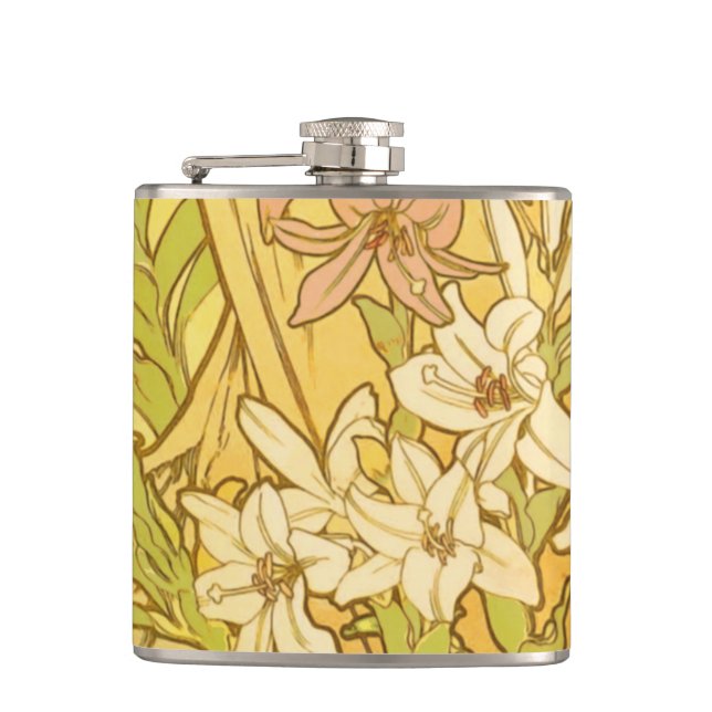 Alfonse Mucha Art Nouveau lily flowers Hip Flask (Front)