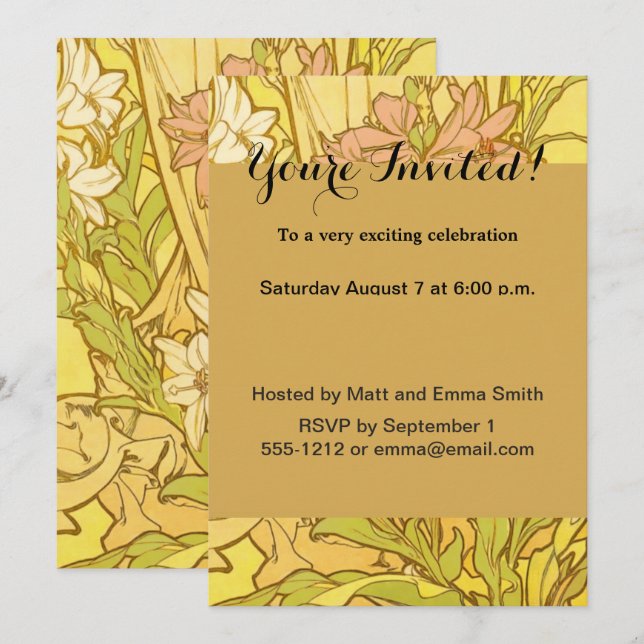 Alfonse Mucha Art Nouveau lily flowers Invitation (Front/Back)