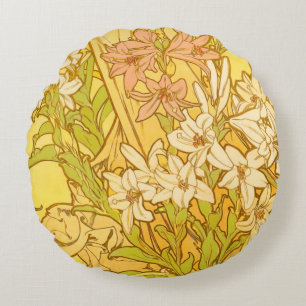 Alfonse Mucha Art Nouveau lily flowers Round Pillow