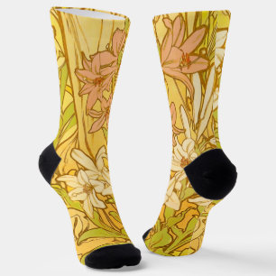 Alfonse Mucha Art Nouveau lily flowers Socks