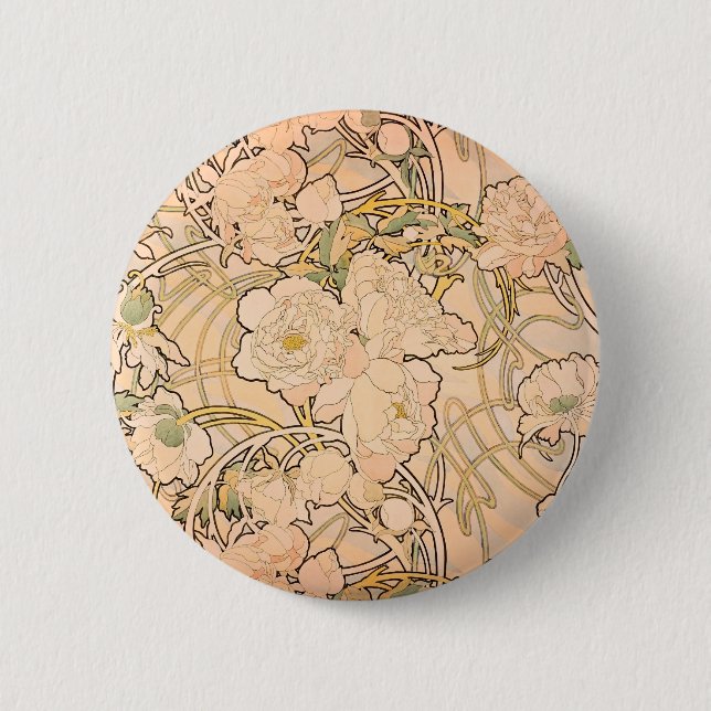 Alfonse Mucha Art Nouveau Peonies 2 Inch Round Button (Front)