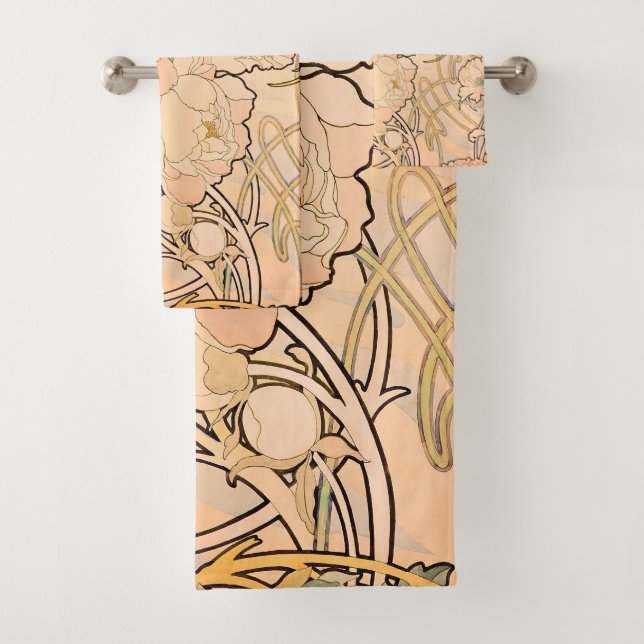 Alfonse Mucha Art Nouveau Peonies Bath Towel Set (Insitu)