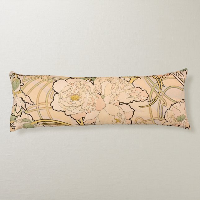Alfonse Mucha Art Nouveau Peonies Body Pillow (Back)