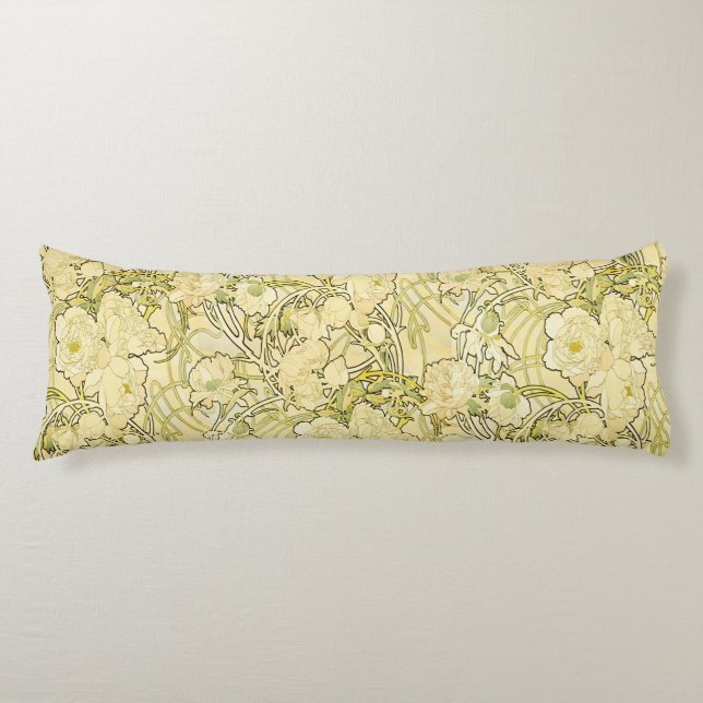 Alfonse Mucha Art Nouveau Peonies Botanical Art Body Pillow (Front)