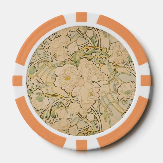Alfonse Mucha Art Nouveau Peonies Botanical Art Poker Chips (Front)