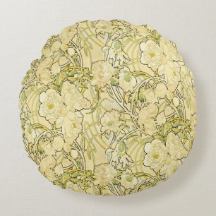 Alfonse Mucha Art Nouveau Peonies Botanical Art Round Pillow