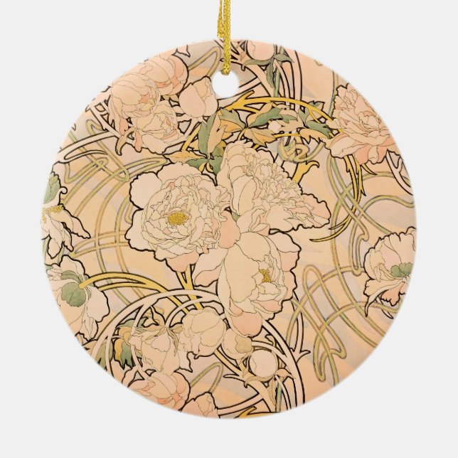 Alfonse Mucha Art Nouveau Peonies Ceramic Ornament (Back)