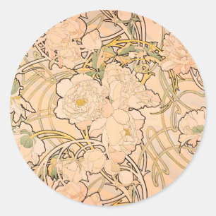 Alfonse Mucha Art Nouveau Peonies Classic Round Sticker