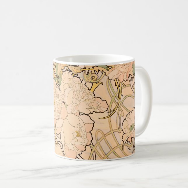 Alfonse Mucha Art Nouveau Peonies Coffee Mug (Front Right)