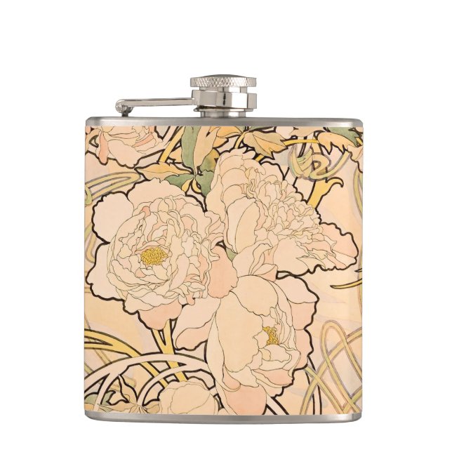 Alfonse Mucha Art Nouveau Peonies Hip Flask (Front)