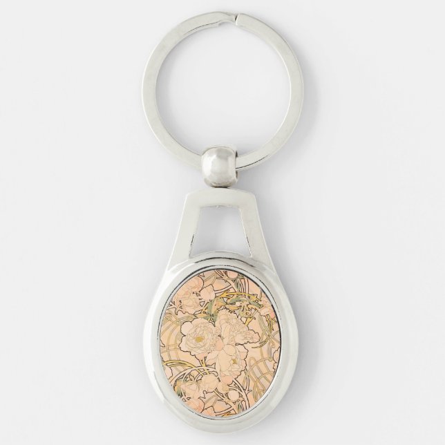 Alfonse Mucha Art Nouveau Peonies Keychain (Front)