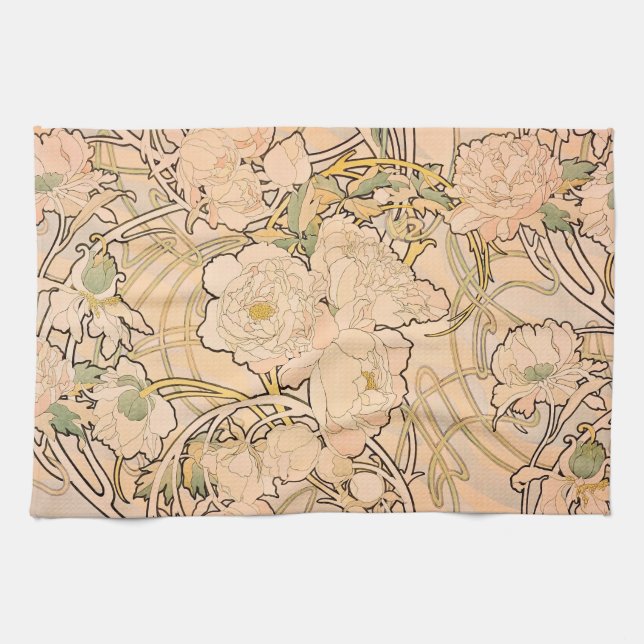 Alfonse Mucha Art Nouveau Peonies Kitchen Towel (Horizontal)