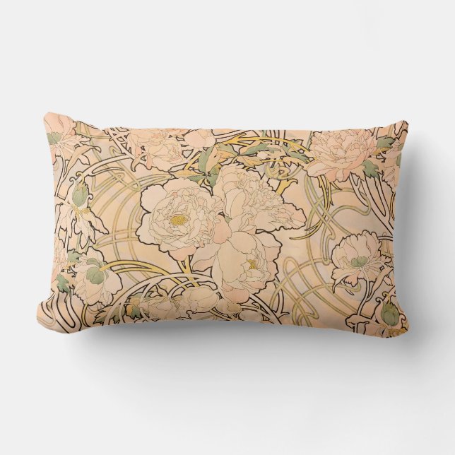 Alfonse Mucha Art Nouveau Peonies Lumbar Pillow (Front)