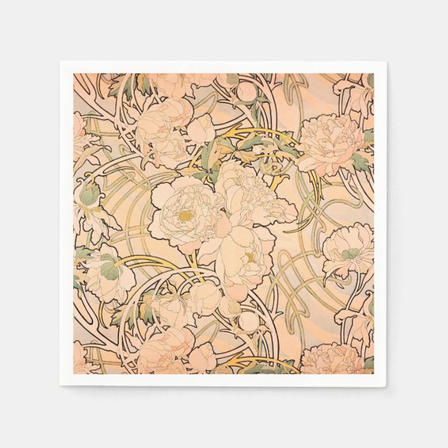 Alfonse Mucha Art Nouveau Peonies Napkin (Front)