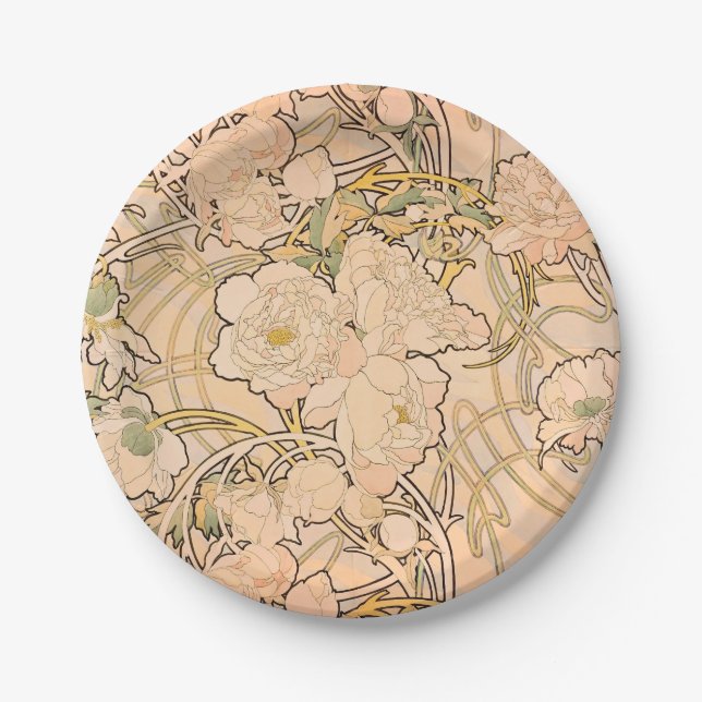 Alfonse Mucha Art Nouveau Peonies Paper Plate (Front)