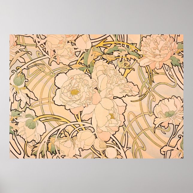Alfonse Mucha Art Nouveau Peonies Poster (Front)