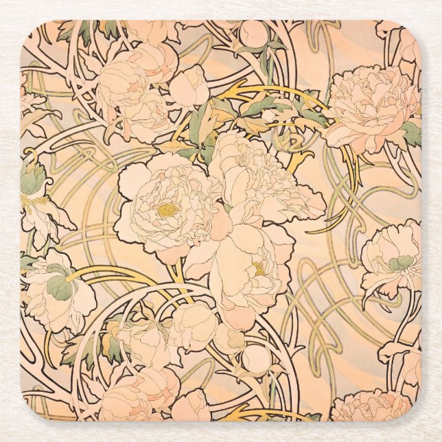 Alfonse Mucha Art Nouveau Peonies Square Paper Coaster (Front)
