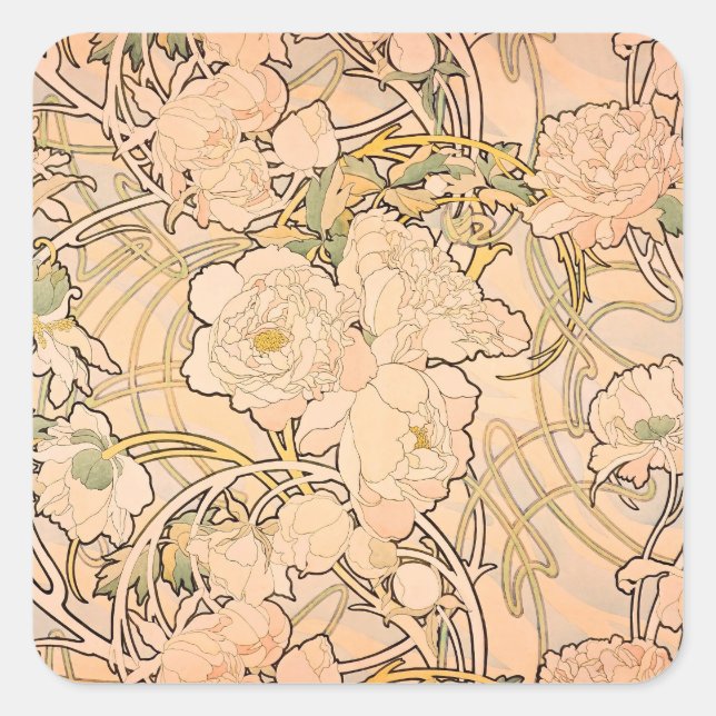 Alfonse Mucha Art Nouveau Peonies Square Sticker (Front)