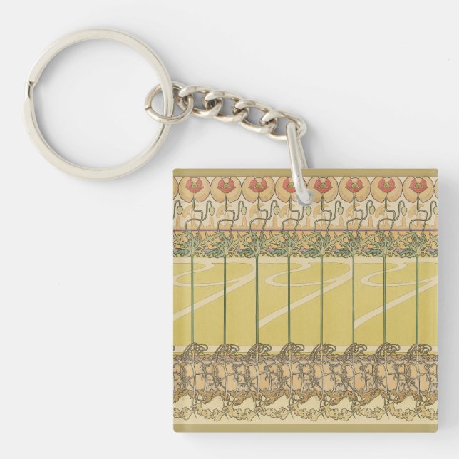 Alfonse Mucha Poppies Art Nouveau Floral Wallpaper Keychain (Front)