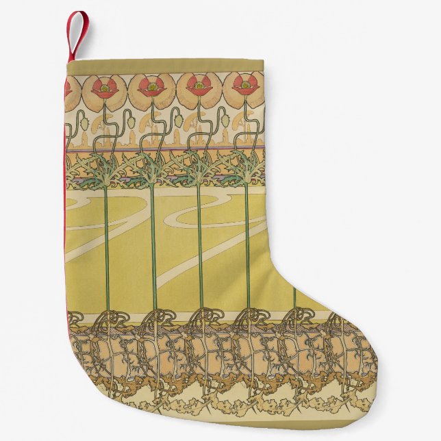 Alfonse Mucha Poppies Art Nouveau Floral Wallpaper Small Christmas Stocking (Front)