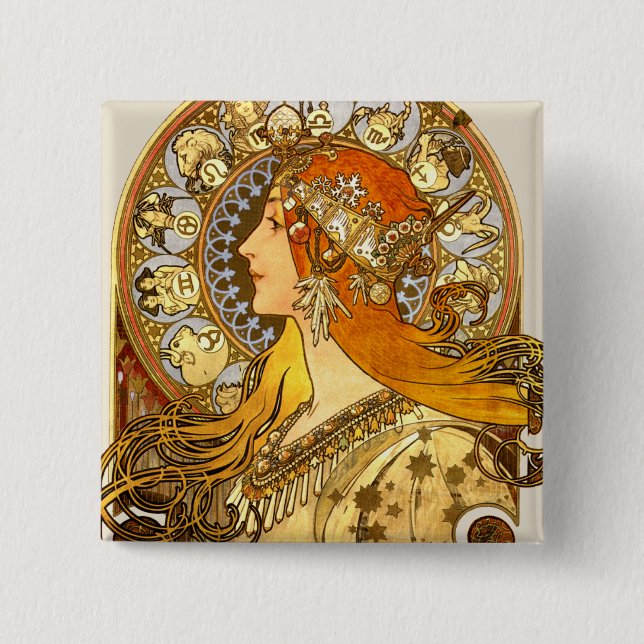 Alfonse Mucha Zodiac Art Nouveau Woman 2 Inch Square Button (Front)