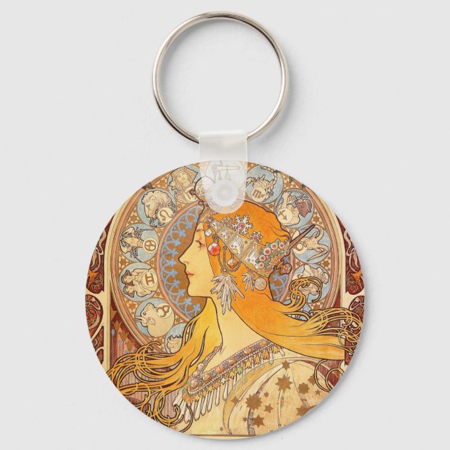 Alfonse Mucha Zodiac Art Nouveau Woman Keychain (Front)