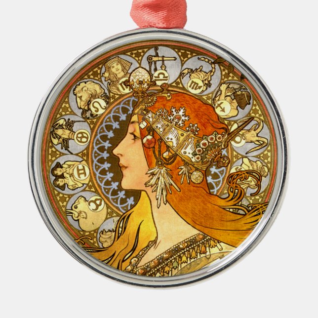 Alfonse Mucha Zodiac Art Nouveau Woman Metal Ornament (Front)