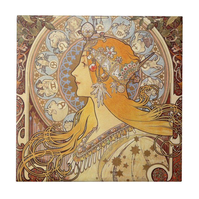 Alfonse Mucha Zodiac Art Nouveau Woman Tile (Front)