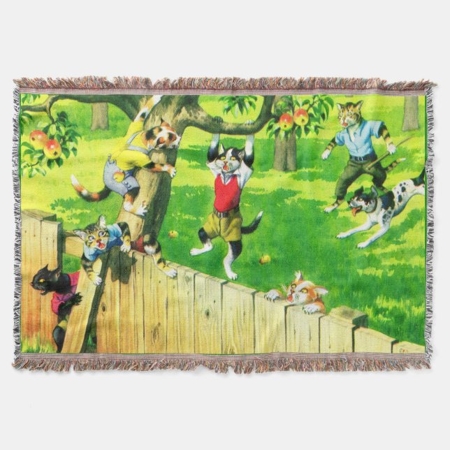 Alfred Mainzer cats climbing an apple tree Throw Blanket (Front)